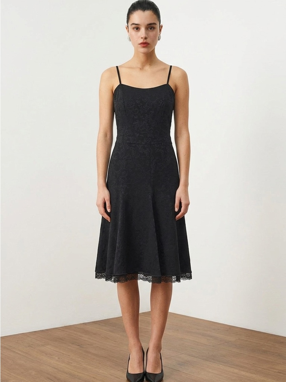 Tristan & America Black Jacquard Lace-Trim Midi Dress - Size 6 / Small
